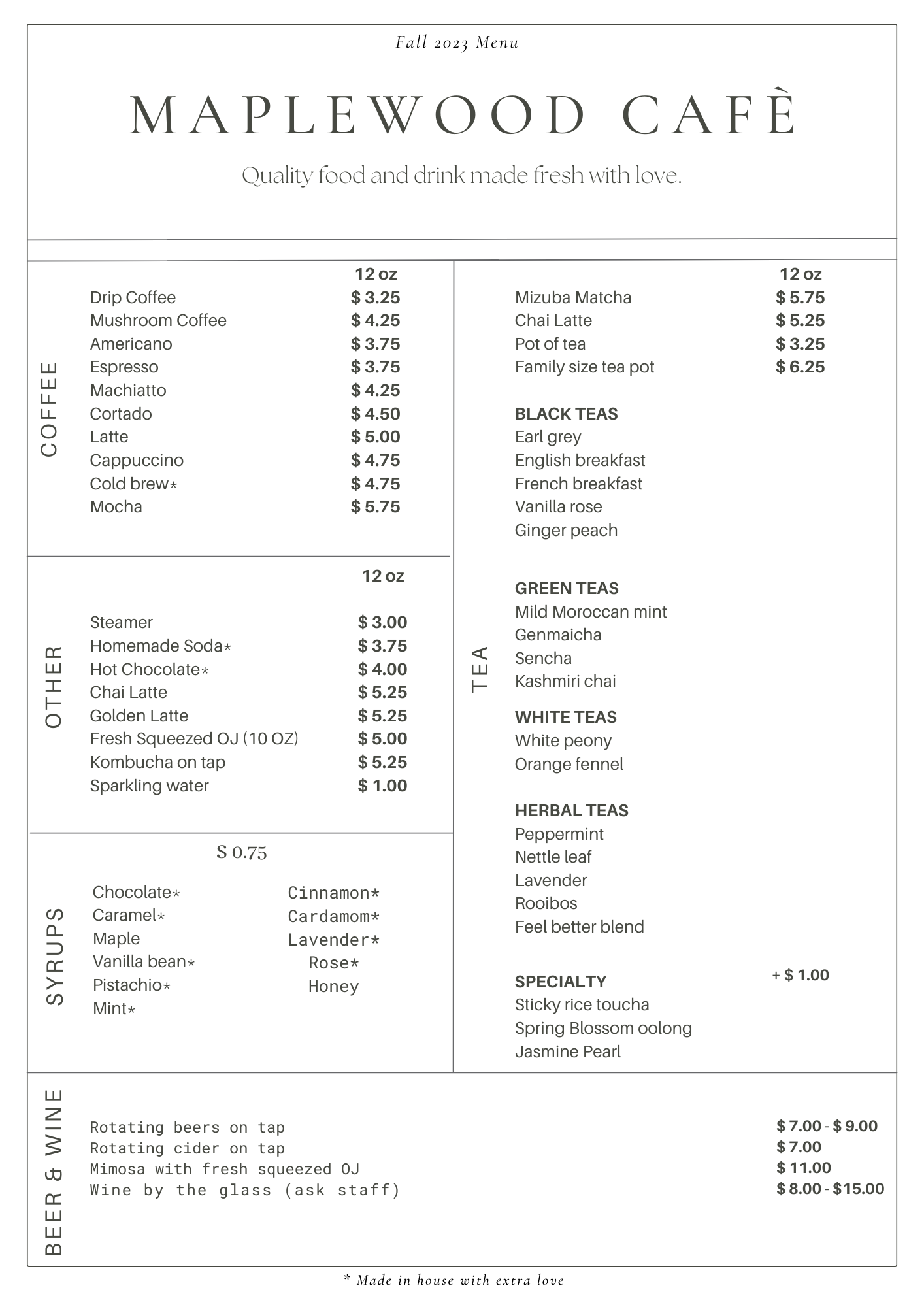 Menu Maplewood Coffee and Tea